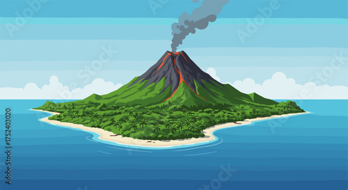 Tropical island with active volcano and smoke eruption in lush green landscape