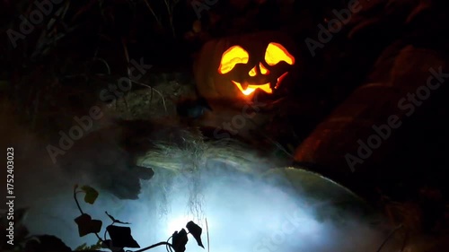 Halloween Jack-o'-lantern pumpkin with light inside near water with creepy fog.