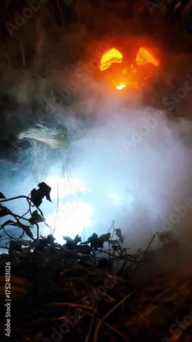 Halloween Jack-o'-lantern pumpkin with light inside near water with creepy fog.