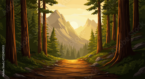 Tranquil forest pathway at sunset with majestic mountain view
