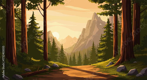 Serene forest pathway at sunrise with mountain view