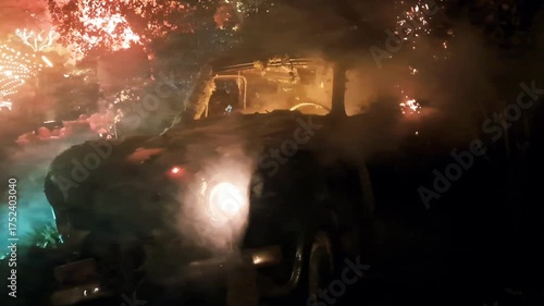 Halloween decor featuring an old car with smoke coming out of it