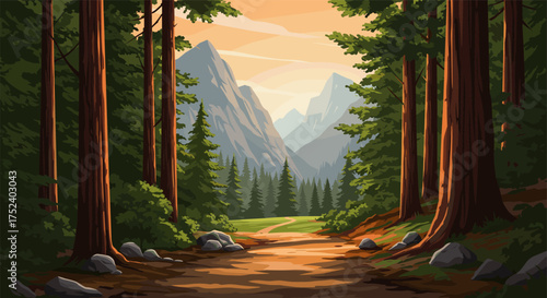 Tranquil forest path leading to majestic mountain peaks at sunset