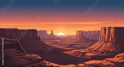 Stunning sunset over desert canyon with bold geometric shapes and earthy tones