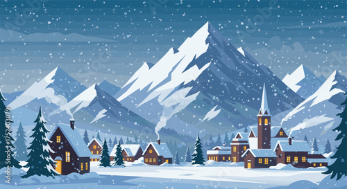 Winter wonderland village in snowy mountain landscape with warm cozy cabins
