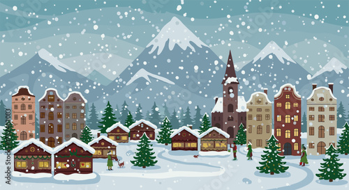 Charming winter village scene with snowy mountains and festive market stalls