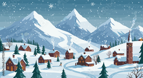 Winter wonderland village with snowy mountains and cozy cabins