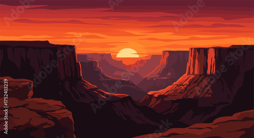 Breathtaking canyon sunset with vibrant red and orange skies