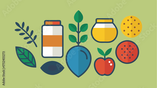A series of nutritional superfoods illustrated as small detailed icons such as chia seeds goji berries and spirulina powder with a health theme.