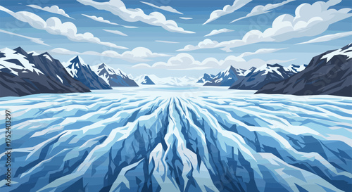 Majestic ice landscape with snowy mountains under a cloudy sky