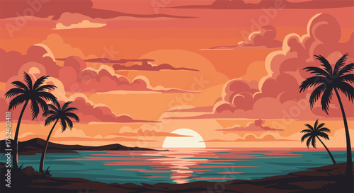 Vibrant tropical sunset with palm trees and ocean in retro style