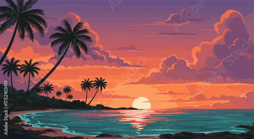 Tropical sunset: vibrant ocean scene with palm trees and clouds