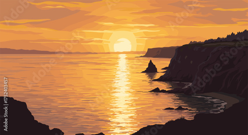 Stunning sunset over rocky ocean coastline with vibrant orange and yellow sky