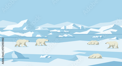 Polar bears roaming arctic icebergs in tranquil winter landscape