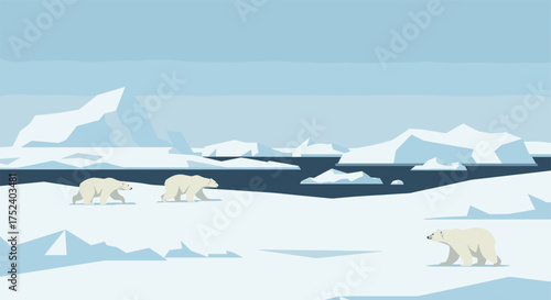 Polar bears roaming icy landscape with icebergs and arctic horizon
