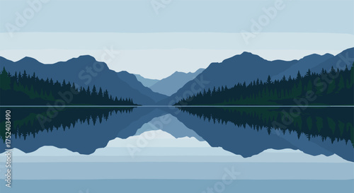 Tranquil mountain mirror reflection at dawn in minimalist style