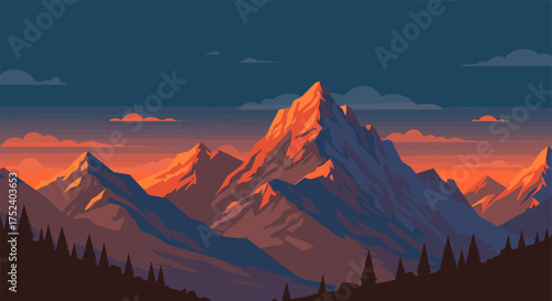 Sunset over majestic mountain peaks and silhouetted trees in tranquil landscape