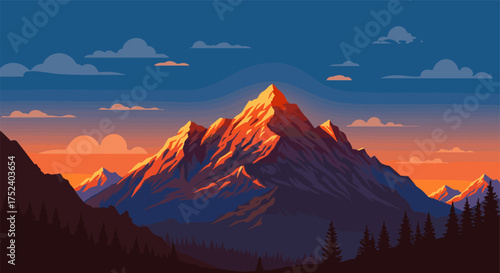 Sunset over mountain peaks in vibrant landscape with silhouette foreground