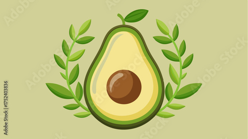 A stylized avocado sliced in half showcasing its creamy pit and rich texture framed by sprigs of coriander.