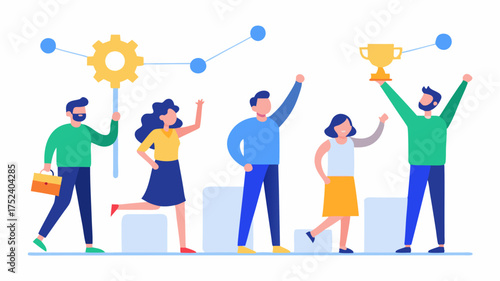 A visual representation of a project timeline with milestones marked and team members celebrating achievements promoting motivation and recognition.
