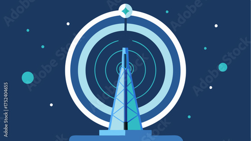 A futuristic communication tower with a circular design and multiple signal beams extending outwards illustrating rapid data transmission through 5G networks.