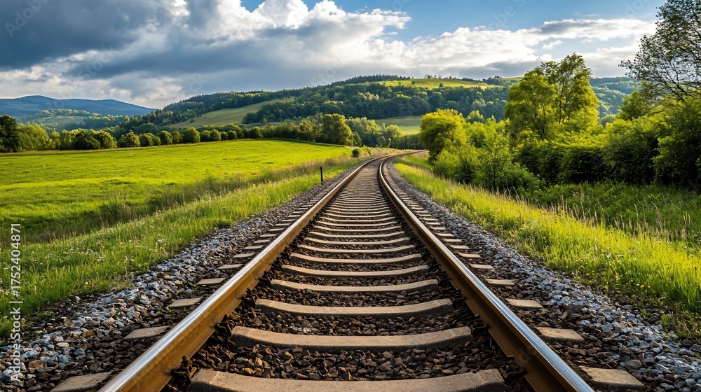 Fototapeta premium Railway tracks stretch through a green landscape under a cloudy sky.
