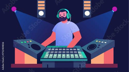 An illustration of a sound engineer adjusting audio levels on a large console with studio monitors and LED lights illuminating the scene.