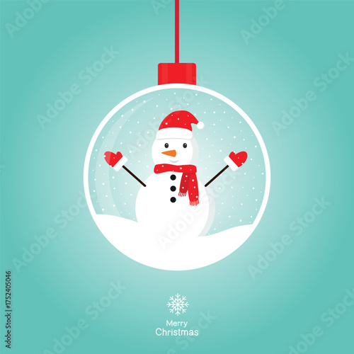 Snowman inside a snow globe. New Year’s and Christmas glass ornament. Merry Christmas festive vector illustration
