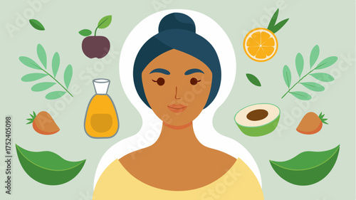 A healthy skincare routine depicted with a person applying a face mask surrounded by natural ingredients like honey avocado and essential oils.