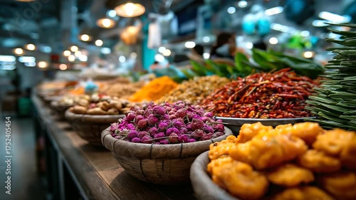Colorful food bazaar market stalls with spices and fruits, under vibrant natural light, highlighting rich colors and lively atmosphere, serene market scene, calm bazaar lighting, w