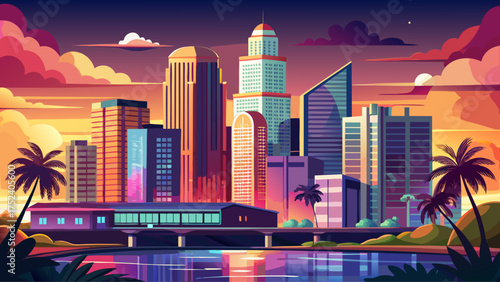 Very beautiful downtown Tampa skyline at sunset, palm trees and modern skyscrapers glowing under warm evening light.

