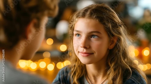 A hopeful image of a teenager talking to a school counselor in a warmly lit office, finally opening up about bullying, emotional connection, warm tones, soft background blur, under