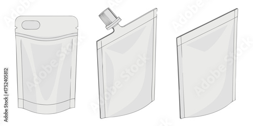 flexible stand up pouch packaging mockup template spout bag doypack design illustration product container blank white prototype isolated on white background.