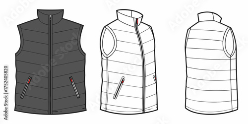 quilted puffer vest technical flat sketch template design mockup sleeveless jacket outerwear fashion illustration front back view apparel isolated on white background.
