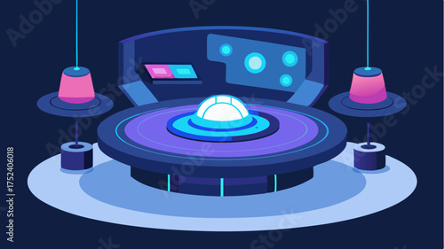 A hightech workspace with a circular desk integrated touchscreen display voice assistant and futuristic lighting accentuating the area.