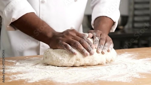 Chef kneading dough on floured surface, strong hands working rhythmically
