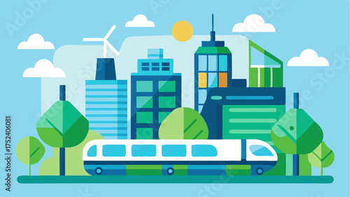 A futuristic depiction of a smart city with green buildings solar panels and automated public transport systems highlighting sustainability and innovation.