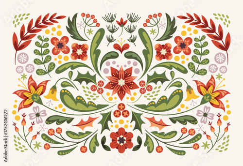 Christmas decorative nature floral composition with flower blooms, leaves and berries folk style