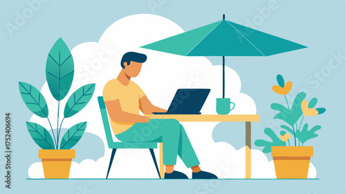 An illustration of a remote worker using a tablet on a patio with plants around a sunshade overhead and a steaming cup beside them.