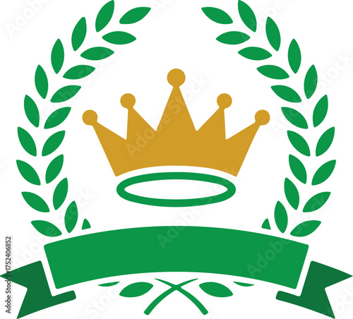 Golden crown laurel wreath and green ribbon award emblem design