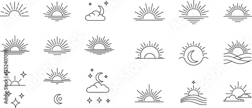 Line Art Weather and Celestial Icon Set: Sun, Moon, Stars