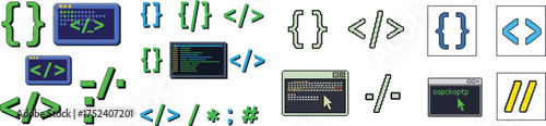 Retro Pixel Art Programming Terminal and Bracket Icons Set 2	Pixel Art, Programming, Terminal, Coding, Brackets, Curly Braces, HTML Tag, Command Window, Retro Style
