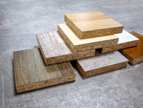 Samples of finishing materials for furniture manufacturing. Medium-density fiberboard chipboard. Wood-chipboard with melamine wood lining