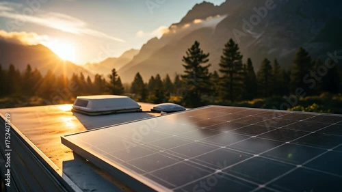 Solar panel on camper van roof at sunrise. Renewable clean energy for sustainable travel. Road trip power generation footage.