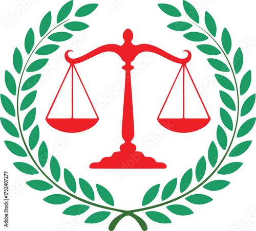 Red scales of justice in green laurel wreath symbol