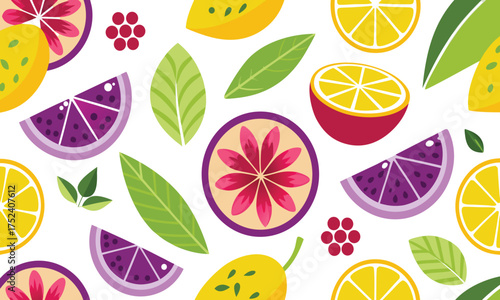 Seamless citrus fruit pattern with fresh lemon, orange, and lime slices, a juicy vector illustration for food design and wallpaper