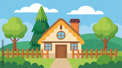 A rural cottage with a thatched roof picket fence and a sprawling yard filled with trees and a vegetable garden.