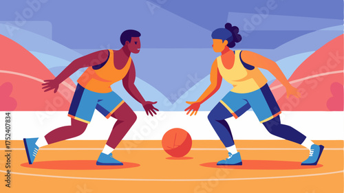 A pair of basketball players engaged in a lively game showcasing dribbling passing and athleticism with a vibrant court atmosphere.