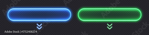 Glass neon buttons, glossy transparent banners with dropdown arrows. Futuristic design element. Vector illustration.