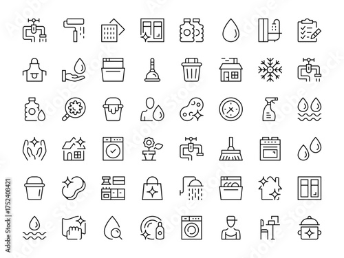 Cleaning icon set. Vector line icons collection. Outline symbols. Modern design